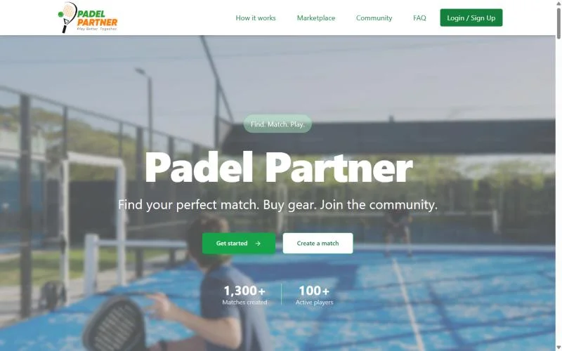 Skærmbillede af Padel Partner-websitet (padelpartner.space)