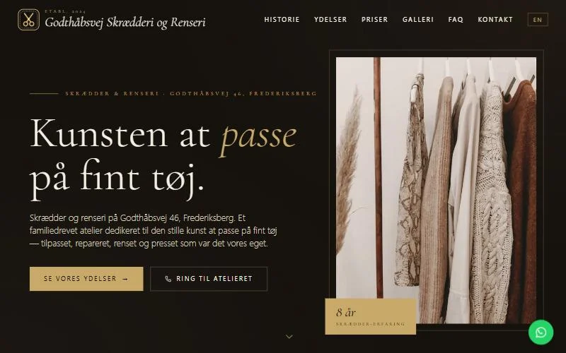 Skærmbillede af Godthåbsvej Skrædderi og Renseri-websitet (rensogskraedder.dk)